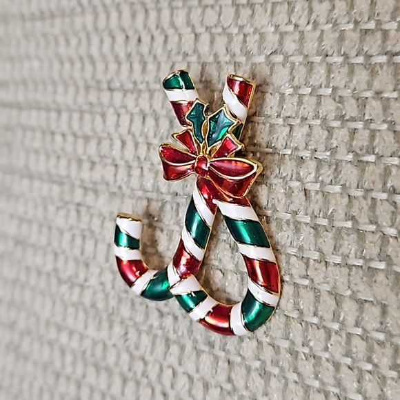 Candy Canes Brooch Pin Enamel Christmas Holiday Bow Holly - Picture 6 of 7